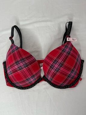Victoria’s Secret Red Plaid Push-Up Bra 34DD | Tartan Holiday Lingerie Underwire